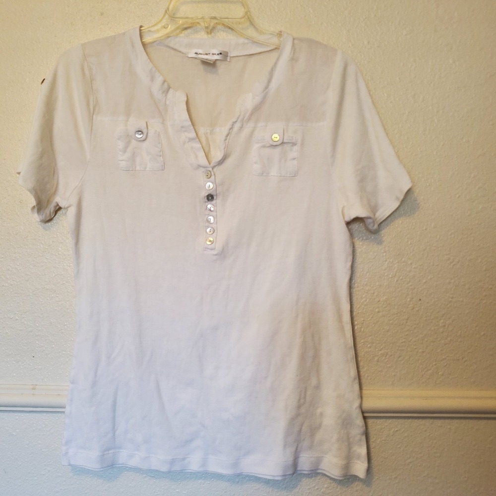 August Silk Womens White 100% Cotton Short Sleeve Henley Top Large Pockets